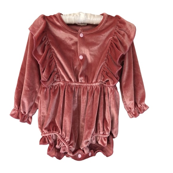 Other - Baby Girl Rose Pink Velour Onepiece Bubble Outfit & Headband 6-12